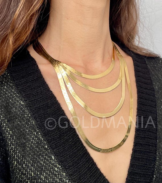 Solid 14K Gold Herringbone Necklace 6mm Thick 16 18 20 24 Inch Etsy