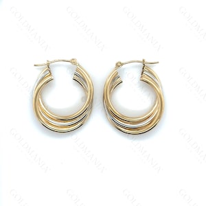 14K Tow Tone Gold Layered Hoops, Crossover Triple Row Hoop Earrings, Real Yellow and White Gold, Gold Jewelry Gift for Women
