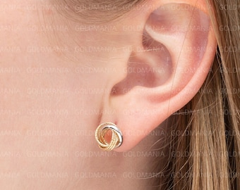 14K Gold Love Knot Stud Earrings: Two Tone, Textured (10mm)