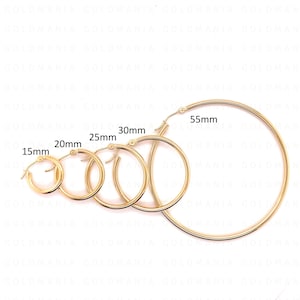 14K Yellow Gold Hoop Earrings, 15mm 20mm 25mm 30mm 40mm 45mm 55mm, 2mm Thick, Real Gold Hoops, Round Hoops, Polished Gold Hoops, Women Hoops