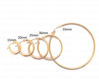 14K Yellow Gold Hoop Earrings, 15mm 20mm 25mm 30mm 40mm 45mm 55mm, 2mm Thick, Real Gold Hoops, Round Hoops, Polished Gold Hoops, Women Hoops
