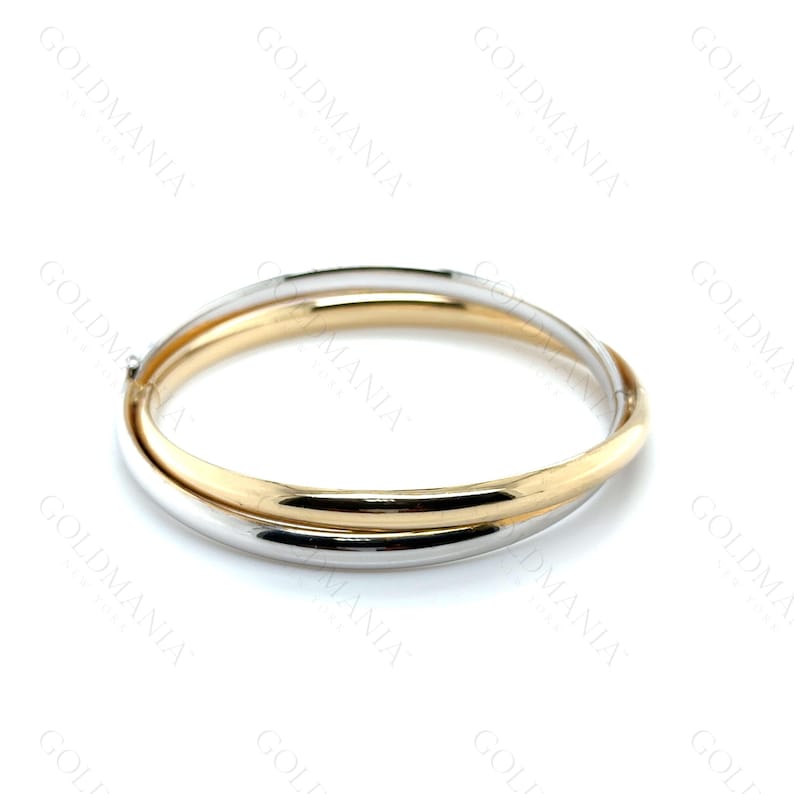 14K Two-Tone Gold Bypass Bangle Bracelet, Yellow and White Gold, Polished, Hinged image 7