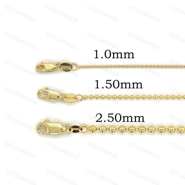 14K Solid Yellow Gold Ball Chain Necklace, 1mm 1.5mm 2.5mm Thick, 16" 18" 20" 24", Real Gold Chain, Solid Bead Chain, Women