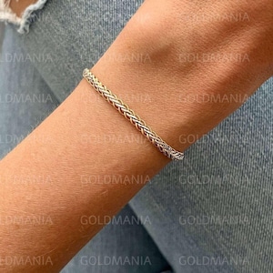 10K Two Tone Gold Wheat Chain Bracelet, Weaved Bracelet,7.25&quot;, Real Gold Bracelet, Yellow and White Gold, Thin Bracelet, Women Gold Bracelet