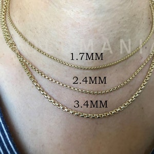 14K Yellow Gold Round Box Link Chain Necklace, 16&quot; 18&quot; 20&quot; 22&quot; 24&quot; Inch, 1.7mm 2.4mm 3.4mm Thick, Rounded Box Chain, Real Gold Chain, Women
