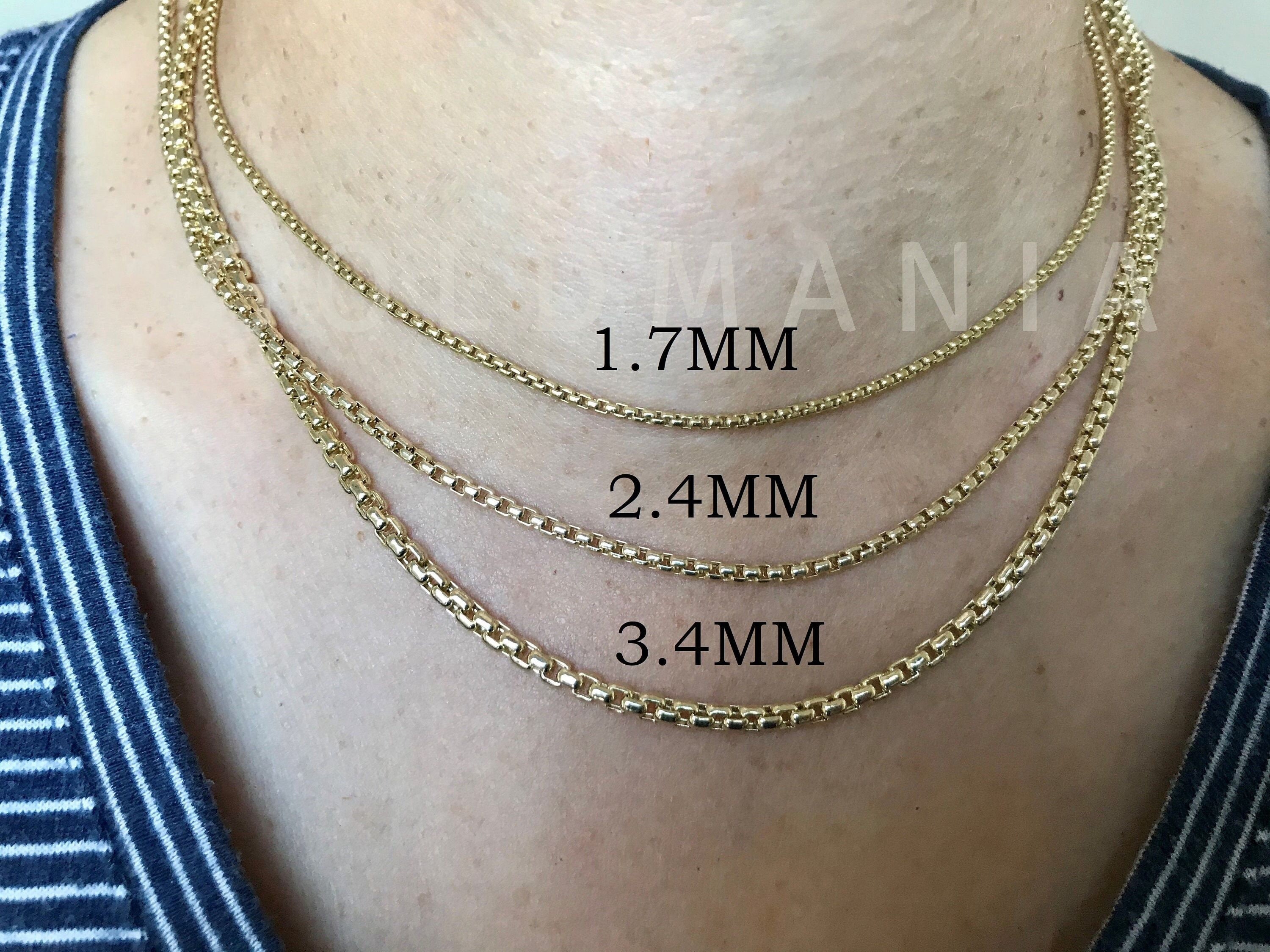 14K Yellow Gold Round Box Chain Necklace (1.7mm-3.4mm) Real Gold