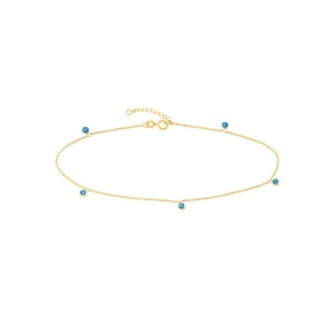 14K Yellow Gold And Turquoise Evil Eye Anklet, 10&quot; Adjustable, Real Gold Anklet, Women