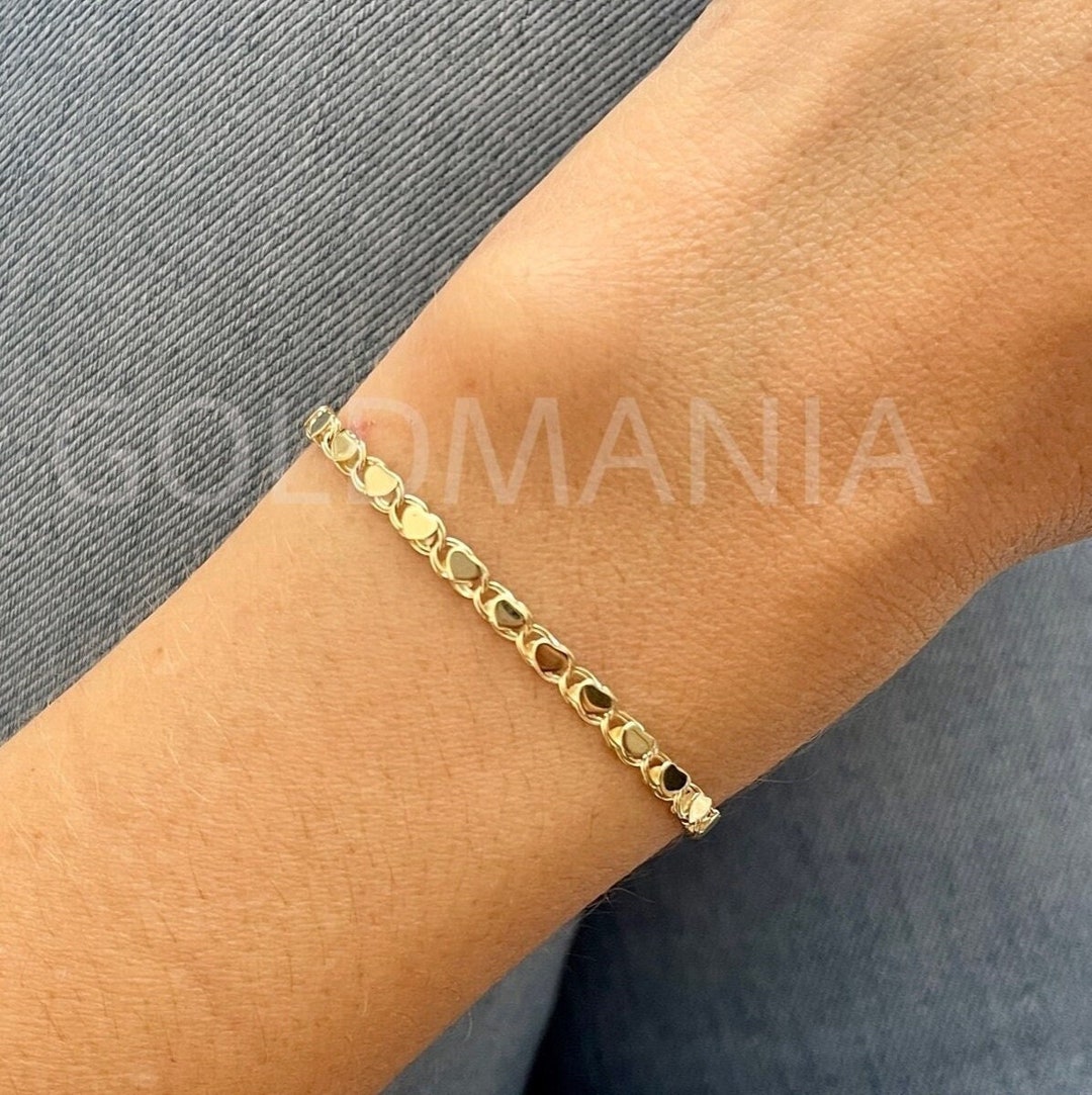 14k Solid White Gold Heart Link Bracelet - 7 Inch Chain For Women