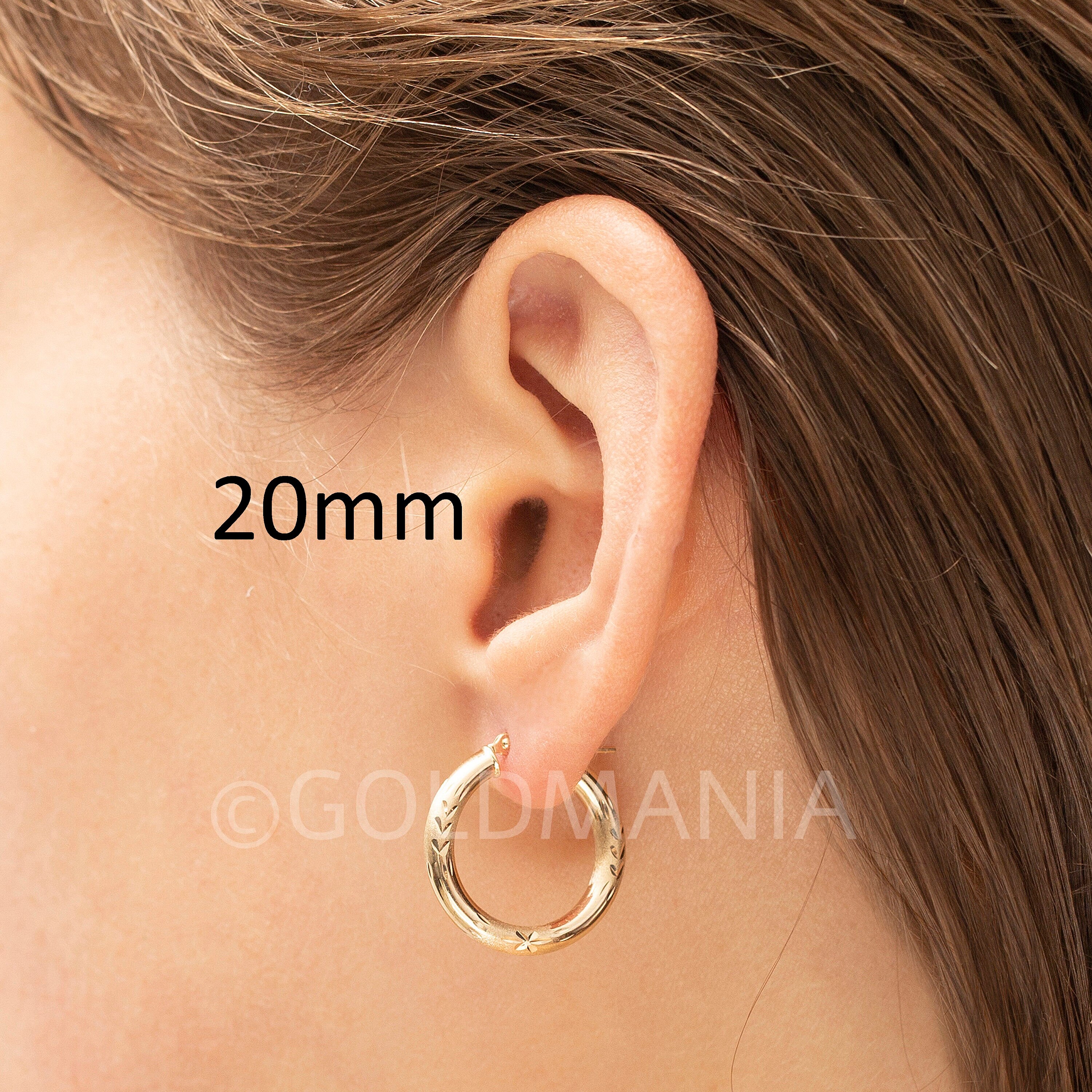 14Kイエローゴールド ダイヤモンドカット フープピアス - 厚さ3mm