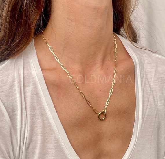 14K Gold Paper Clip Key and Lock Charm Necklace