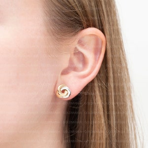 Two Tone 14K Gold Love Knot Stud Earring Set, 11mm Thick, Real 14K Yellow White Gold, Women