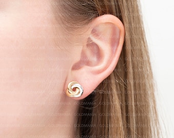 Two Tone 14K Gold Love Knot Stud Earring Set, 11mm Thick, Real 14K Yellow White Gold, Women
