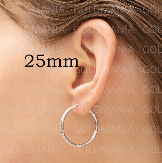 Buy 14K White Gold Diamond Cut Hoop Earring Set 25mm 30mm 2mm