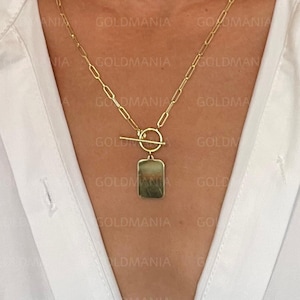 14K Yellow Gold Paperclip Tag Necklace With Toggle Lock, 18&quot; Inch, Real Gold Chain, Dog Tag Gold Chain, Engravable Tag, Women