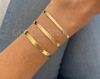Solid 10K Yellow Gold Herringbone Chain Bracelet Women, 7&quot;, 3mm 4mm 5mm Thick, Real Gold Bracelet, Flexible Bracelet, Flat Gold Bracelet