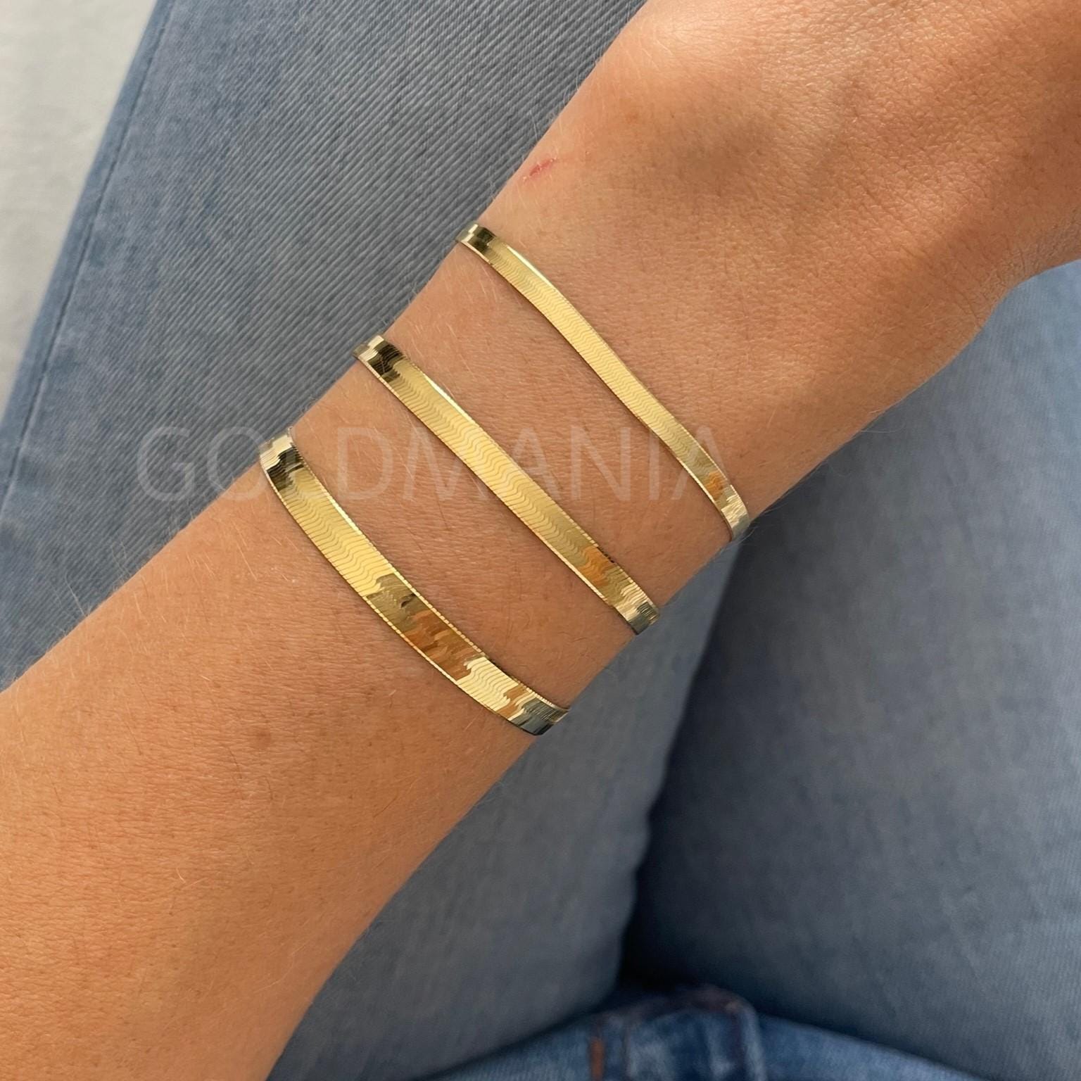 Solid 10K Yellow Gold Herringbone Chain Bracelet Women, 7", 3mm 4mm 5mm Thick, Real Gold Bracelet, Flexible Bracelet, Flat Gold Bracelet