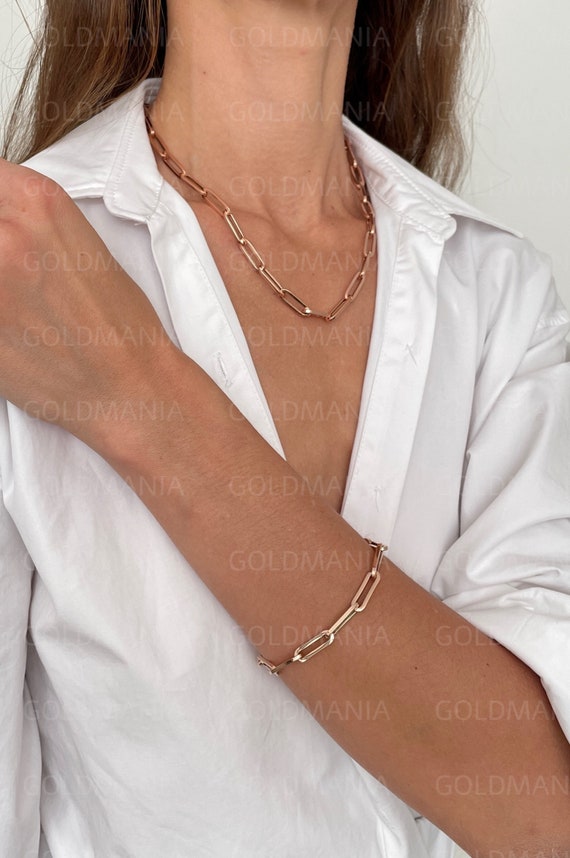 14K Solid Rose Gold Paperclip Bracelet | Oval link Bracelet 