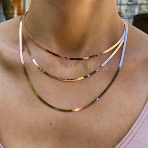 14K Solid Rose Gold Herringbone Chain Necklace, 16&quot; 18&quot; 20&quot;, 2.70mm Thick, Real Gold Herringbone, Rose Gold Necklace, Flat Gold Chain, Women