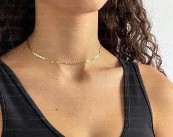 14K Yellow Gold Mirror Chain Necklace, 17" Inch Adjustable To 14", 2.70mm Thick, Valentino Choker , Real Gold Chain, Choker Neckla