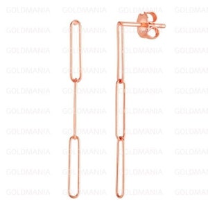 14K Rose Gold Thin Paperclip Drop Earrings, Paperclip Earrings, Link Earrings, Dangle Earrings, Real Gold Earrings, 40 x 2.6mm, Women