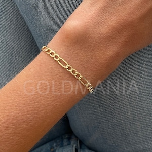10K Gold Figaro Link Chain Bracelet, 7&quot; Inch, 4.7mm Thick, Real Gold Bracelet, Women, Hollow Gold Bracelet
