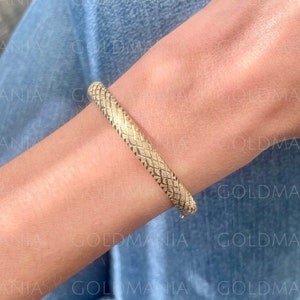 14K Yellow Gold Textured Bangle Bracelet, 6mm Thick,  7" Inch, 6 mm Thick, Real Gold Bangle, X Pattern, Women