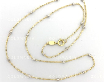 14K tweekleurige gouden stationketting met kraal: sierlijke ketting Saturnus-sterrenbeeld