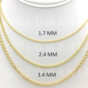 14K Solid Gold Round Box Chain Necklace (1.7mm-3.4mm) 16-30 Inch