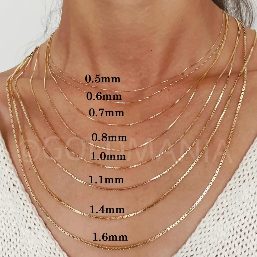 14K Solid Gold Box Chain Necklace, Real Gold Necklace, 13-30 Inch ...