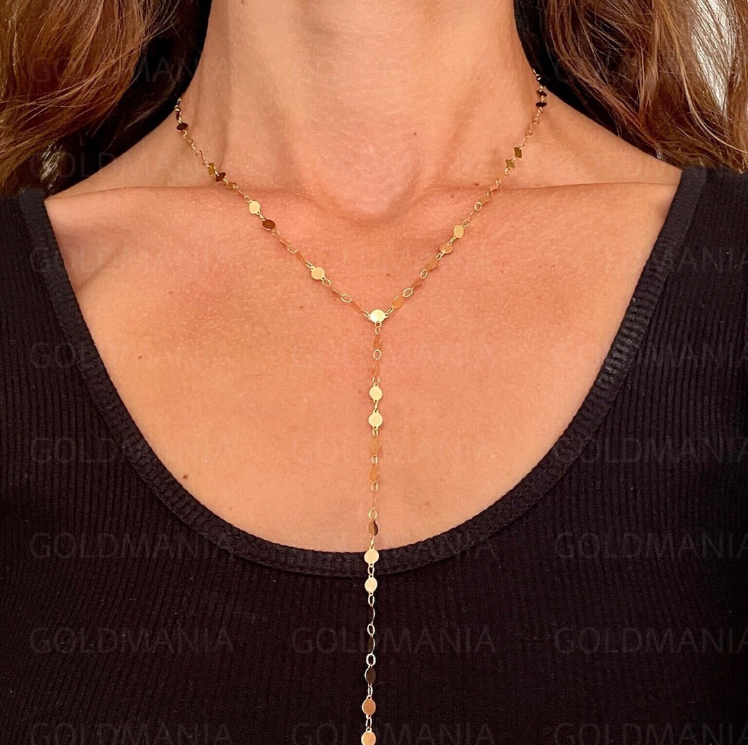 14K Solid Yellow Gold Mirror Lariat Chain Necklace, 17 Inch, Real Gold