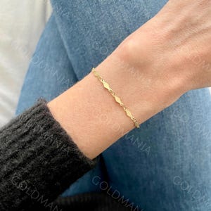 14K Solid Yellow Gold Mirror Link Chain Bracelet, 7&quot; Inch, 3mm Thick, Real Gold Bracelet, Women Gold Bracelet, Thin 14K Bracelet