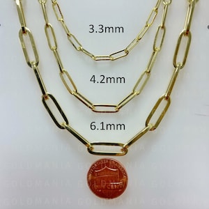 14K Yellow Gold Paperclip Chain Necklace, 3.3mm 4.2mm 6.1mm Thick, 16-38”, Real Gold Paperclip, Hollow Gold Paperclip, Rectangle Link Chain