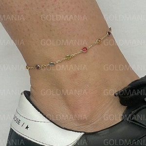 14K Yellow Gold Birthstone Anklet Chain, 10" Inch, Garnet, Peridot, Blue Topaz, Citrine, Amethyst, Ankle Jewelry, Ankle Bracelet, Women