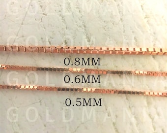 14K Solid Rose Gold Box Kettenhalskette, Echtgoldkette für Frauen, 16 &quot;bis 24&quot; Zoll, 0,5 mm 0,6 mm 0,8 mm, Zierlich bis dünn