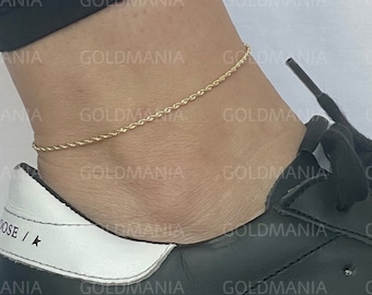 Tobillera de cuerda de oro amarillo de 10 quilates: Pulsera de tobillo para mujer, 25 cm (10 pulgadas)