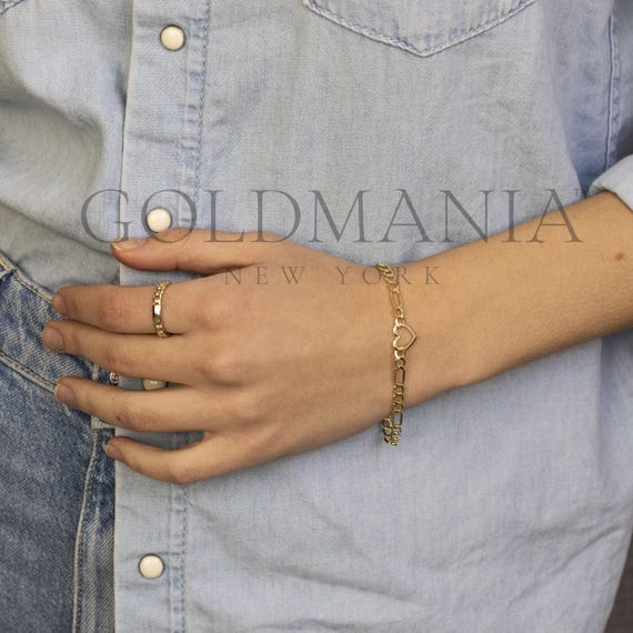 14K Yellow Gold Figaro Heart Chain Bracelet 7 Inch Real Gold - Etsy
