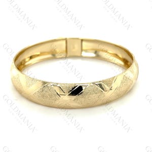 10K Yellow Gold Chunky Bangle Bracelet: 12mm Polished Textured X Pattern
