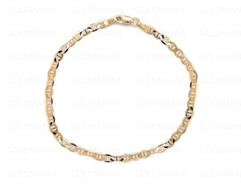 May include: A gold-coloured chain bracelet with a mariner link design. The bracelet is made of a shiny, yellow metal and features a lobster clasp closure. The links are oval-shaped and interlock to form the chain.