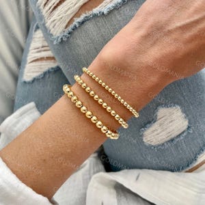 14K gouden kralenarmband voor dames, verstelbaar van 6&quot; tot 8&quot;, 3 mm 4 mm 5 mm dik, echt geelgouden kraalsieraden