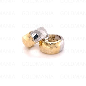 Two Tone 14K Yellow And White Gold Faceted Huggie Earring Set, 16mm x 7.5mm, Textured Earrings, 14K Gold Snuggables, Small Thick Gold Hoops