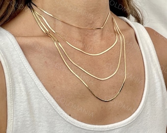 14K Solid Gold Serpentine Necklace: Thin Real Gold Chain 14