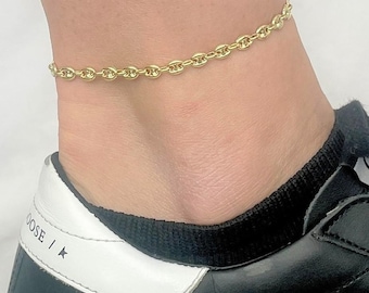 14K Yellow Gold Puffed Mariner Anklet Chain: 10" Women's Ankle Bracelet