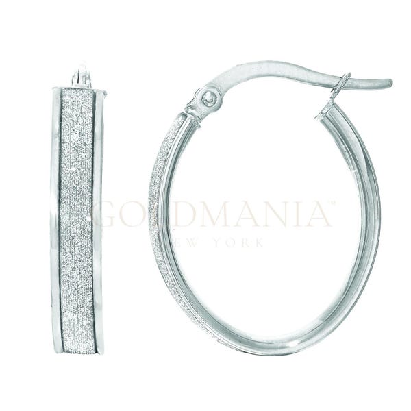 14K White Gold Oval Glitter Hoop Earrings: 15mm x 4mm