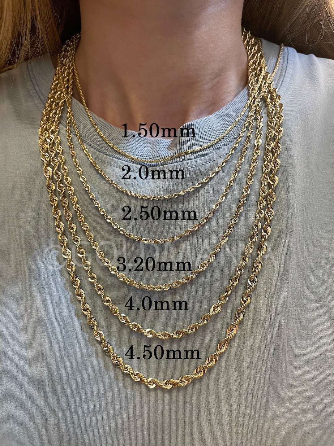 14K Gold Diamond Cut Rope Chain Necklace, 1.5mm 2mm 3.2mm 4mm 4.5mm Thick,  14 16 18 20 22 24 Inch, Real Gold Chain, Hollow Gold, Women 