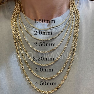 14K Gold Diamond Cut Rope Chain Necklace, 1.5mm 2mm 3.2mm 4mm 4.5mm Thick, 14 16 18 20 22 24 inch, Real Gold Chain, Hollow Gold, Women