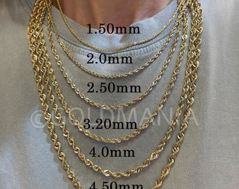 14K Gold Diamond Cut Rope Chain Necklace, 1.5mm 2mm 3.2mm 4mm 4.5mm Thick, 14" 16" 18" 20" 22" 24" Inch, Real Gold Chain, Hollow Gold, Women