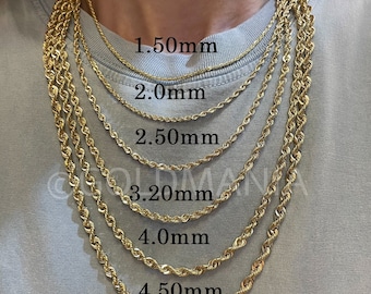 14K Gold Diamond Cut Rope Chain Necklace, 1.5mm 2mm 3.2mm 4mm 4.5mm Thick, 14" 16" 18" 20" 22" 24" Inch, Real Gold Chain, Hollow Gold, Women