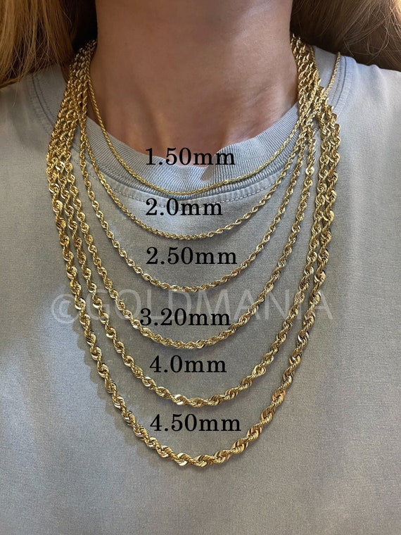 14K Gold Diamond Cut Rope Chain Necklace, 1.5mm 2mm 3.2mm 4mm 4.5mm Thick,  14 16 18 20 22 24 Inch, Real Gold Chain, Hollow Gold, Women 