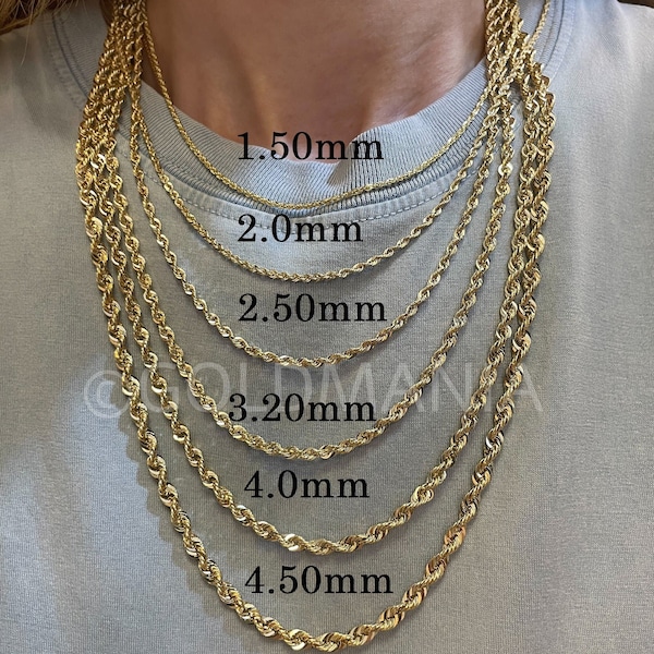 14K Gold Diamond Cut Rope Chain: Women's Real Gold Necklace (1.5mm to 4.5mm Thick)