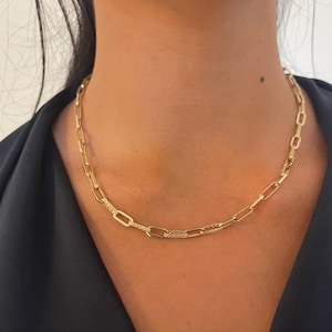 14K Gold Sparkle Paperclip Necklace, Textured & Polished Links, 18&quot; Real Gold Chain